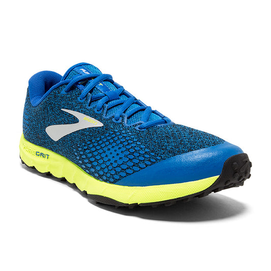 A pair of blue and yellow Brooks PureGrit 7 trail running shoes for men.