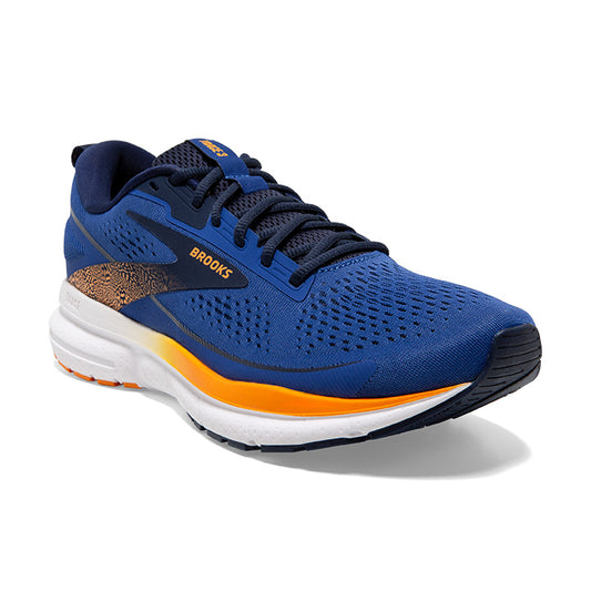A pair of blue Brooks Trace 3 running shoes with orange and white accents.