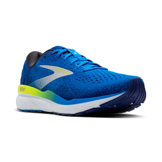 A pair of blue Brooks Ghost 16 running shoes with yellow accents and a white sole.