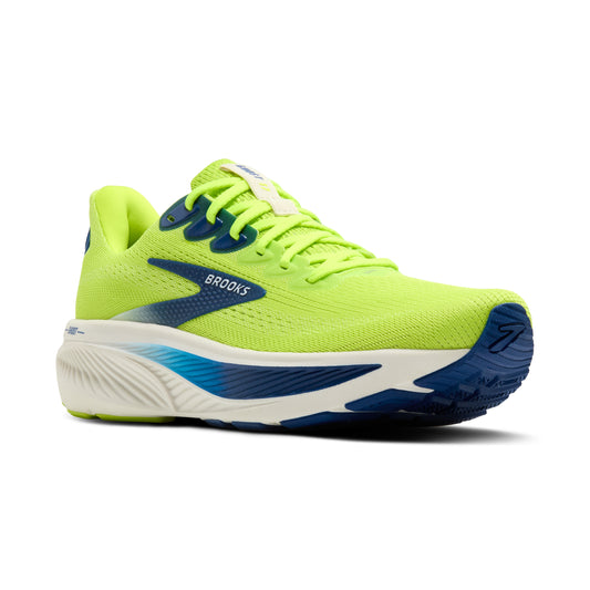 Bright green running shoe with blue and white accents on a white background