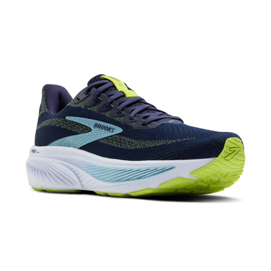 Navy running shoe with green sole on a white background