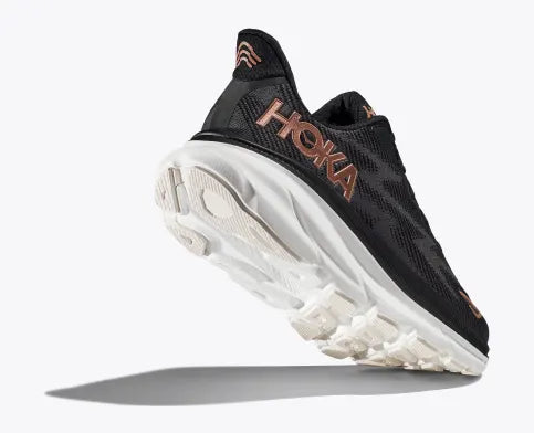 Hoka Clifton 9 black rose and gold heel raised rear view