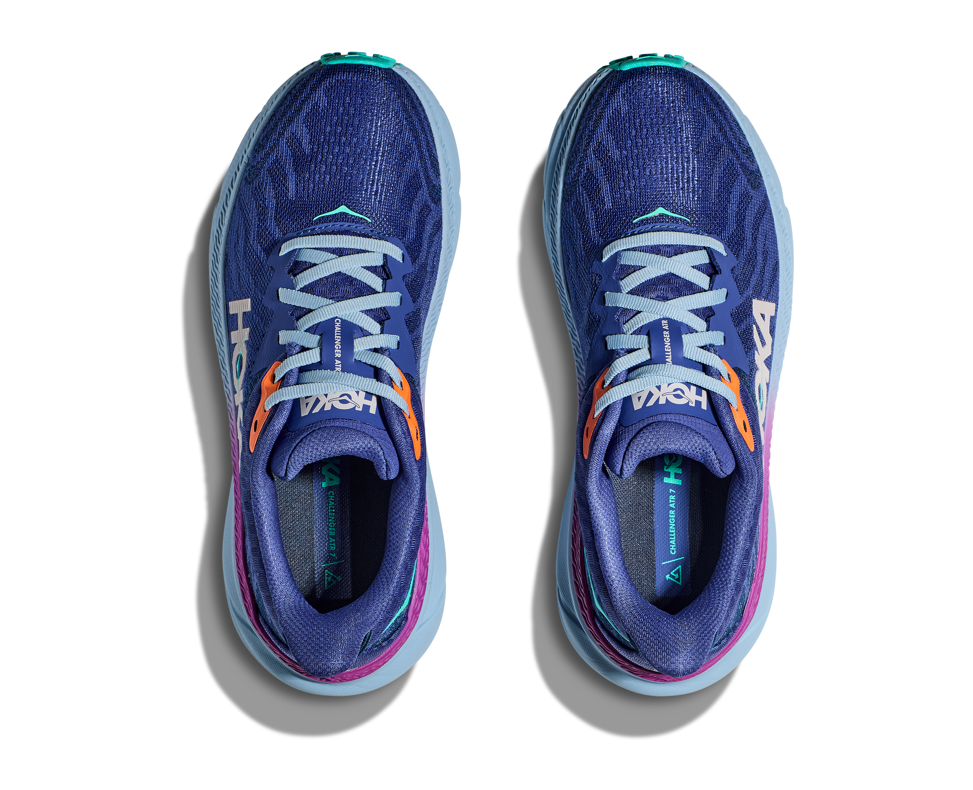 Hoka Women's Challenger 7 purple, blue, gray top view pair