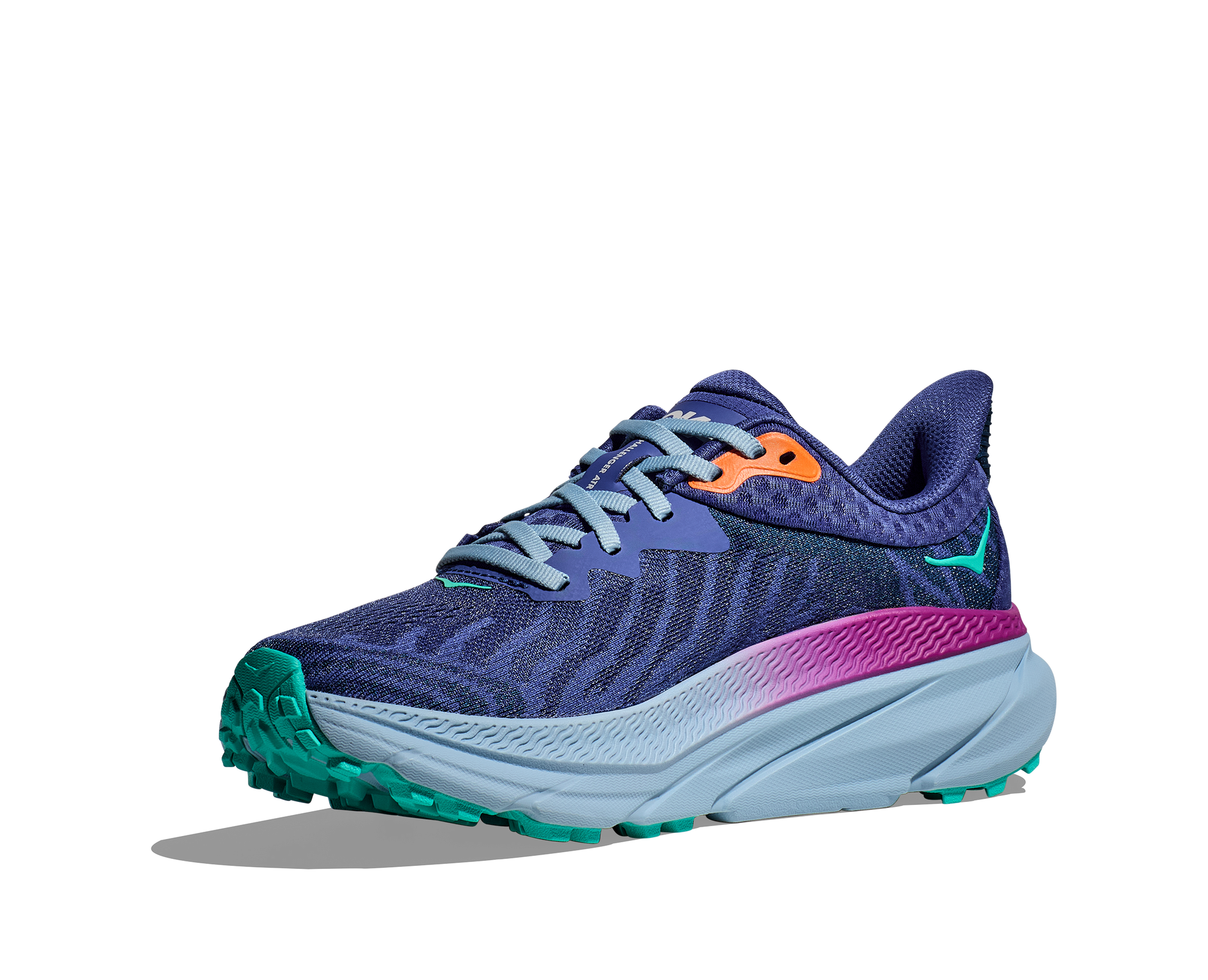Hoka Women's Challenger 7 purple, blue, gray medial angled view