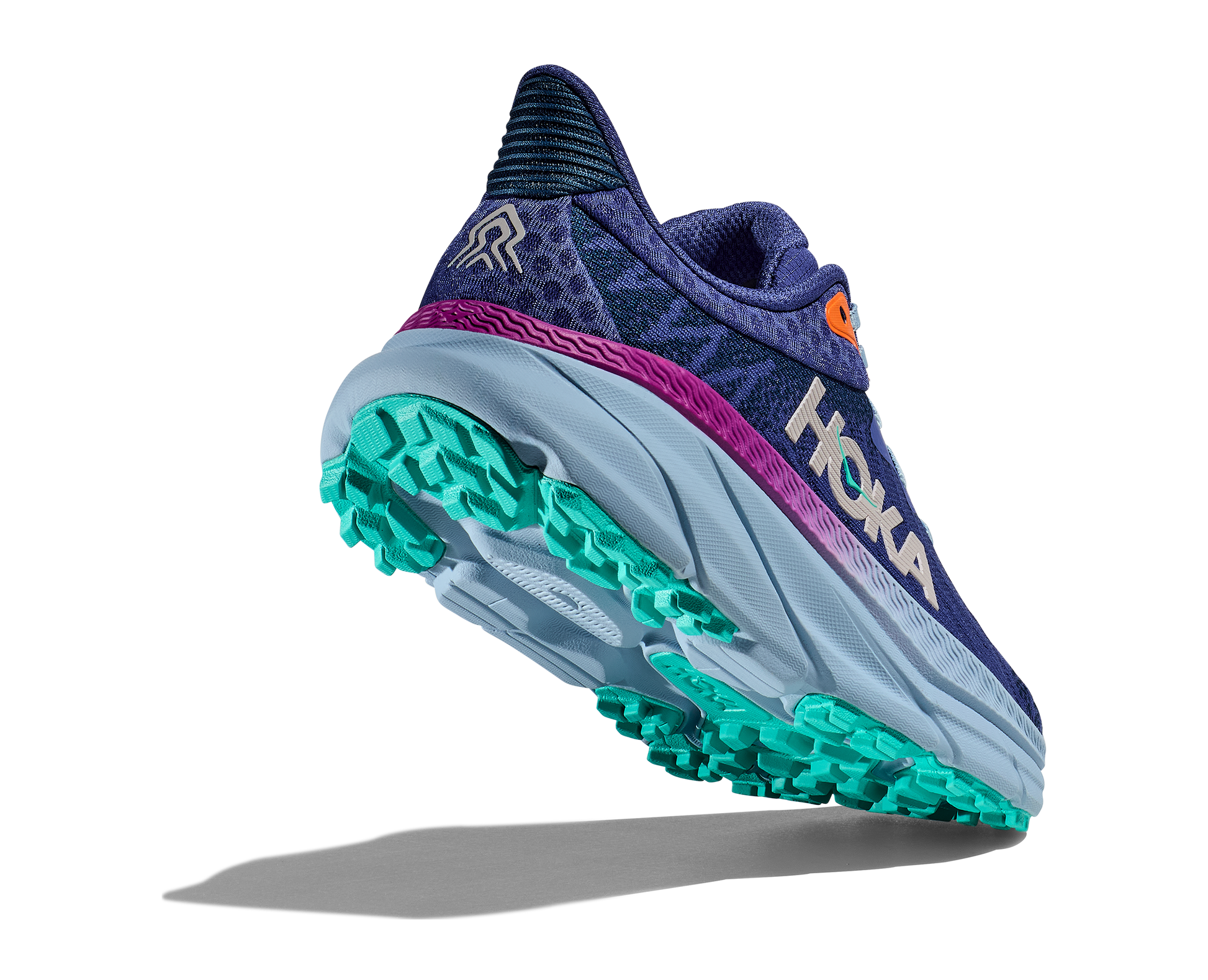 Hoka Women's Challenger 7 purple, blue, gray rear raised heel view