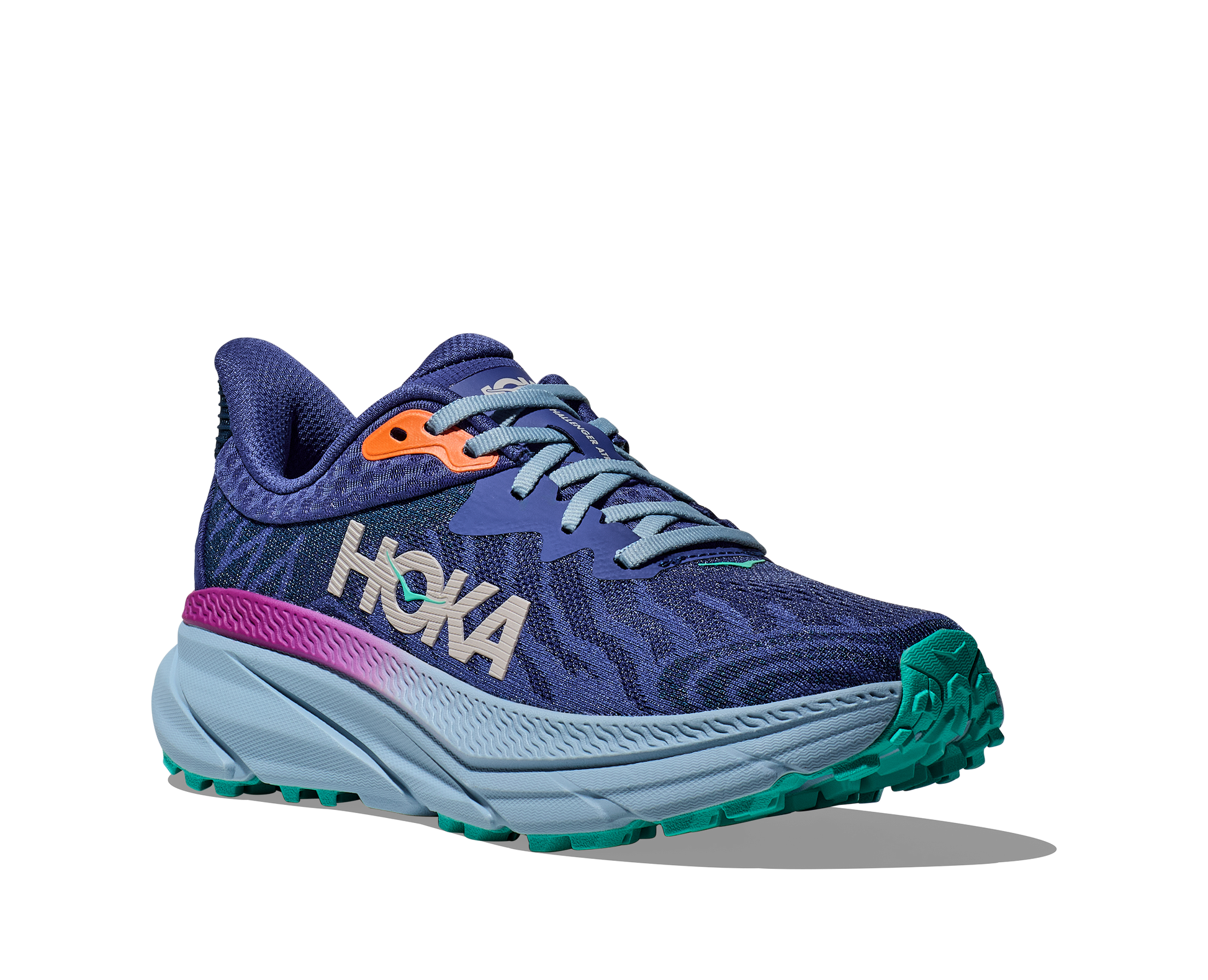 Hoka Women's Challenger 7 purple, blue, gray side front angled view
