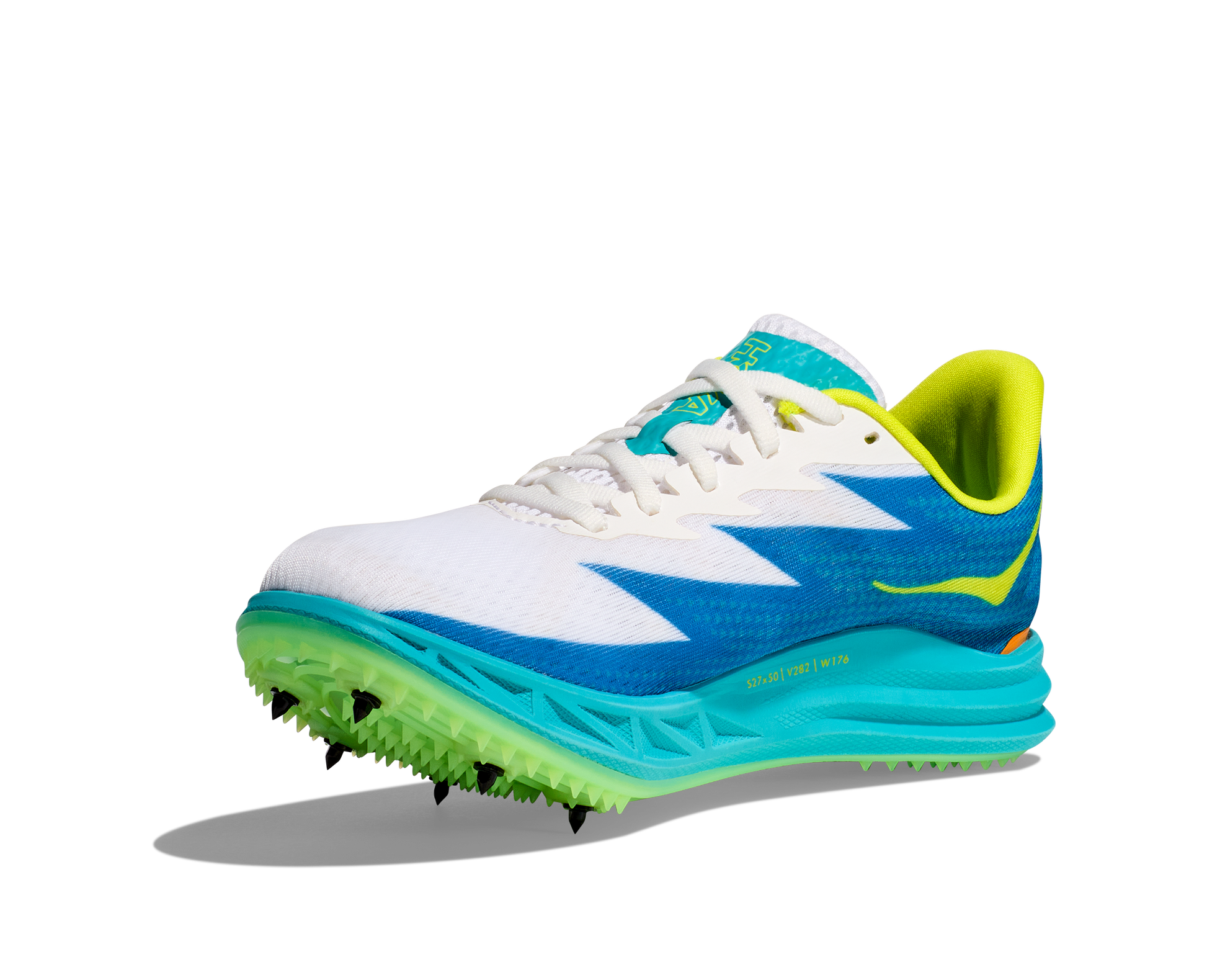 Hoka Crescendo MD spike, white, blue, green