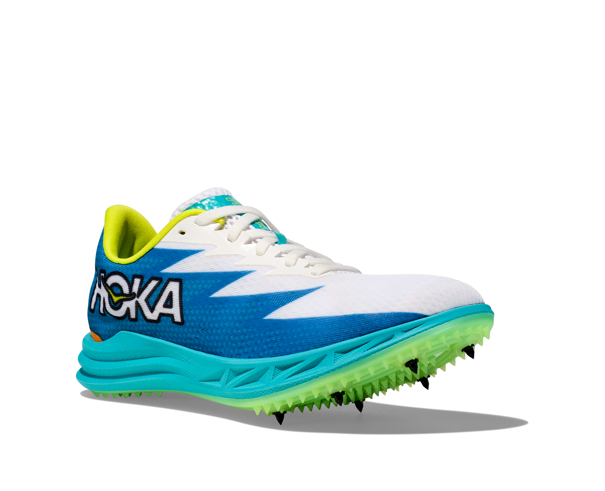 Hoka Crescendo MD spike, white, blue, green