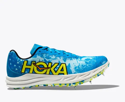 Hoka Crescendo XC spike white, blue, yellow