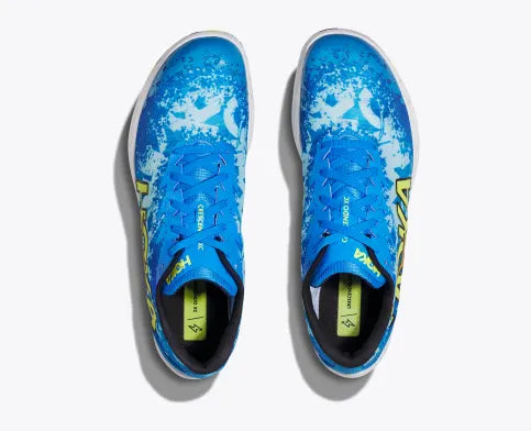 Hoka Crescendo XC spike white, blue, yellow