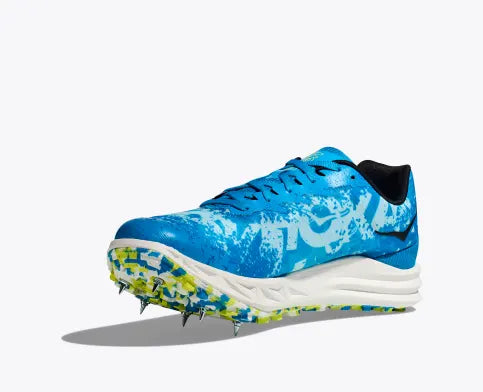 Hoka Crescendo XC spike white, blue, yellow