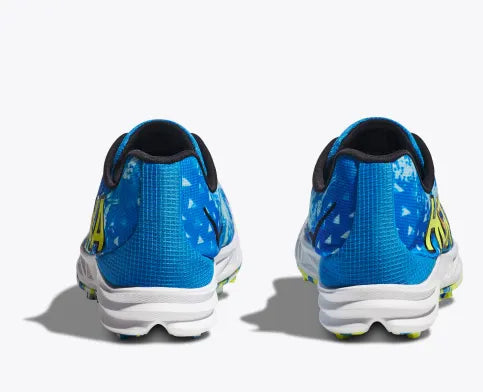 Hoka Crescendo XC spike white, blue, yellow