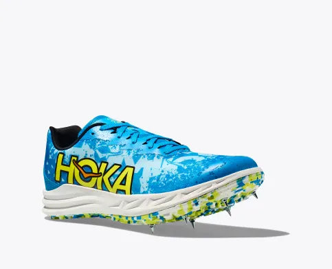 Hoka Crescendo XC spike white, blue, yellow