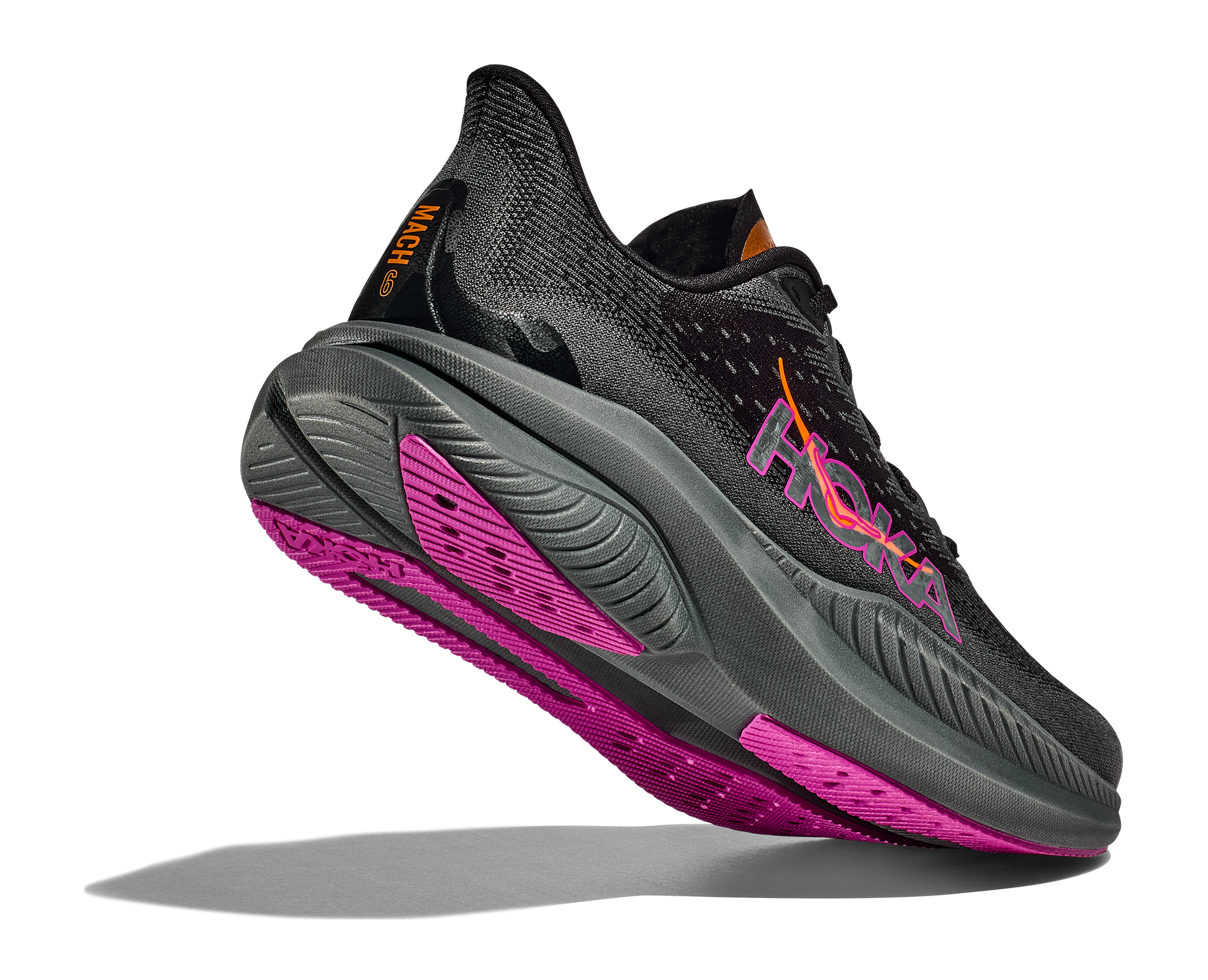 Hoka Women's Mach 6 black and fuschia rear raised heel