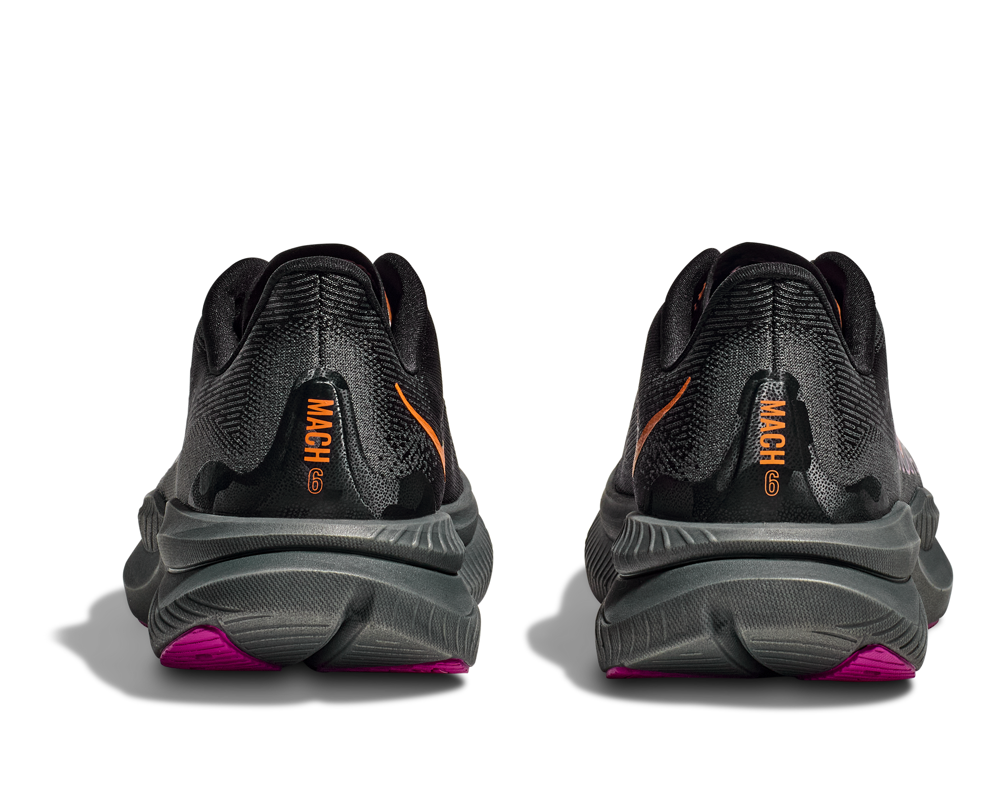 Hoka Women's Mach 6 black and fuschia rear view pair