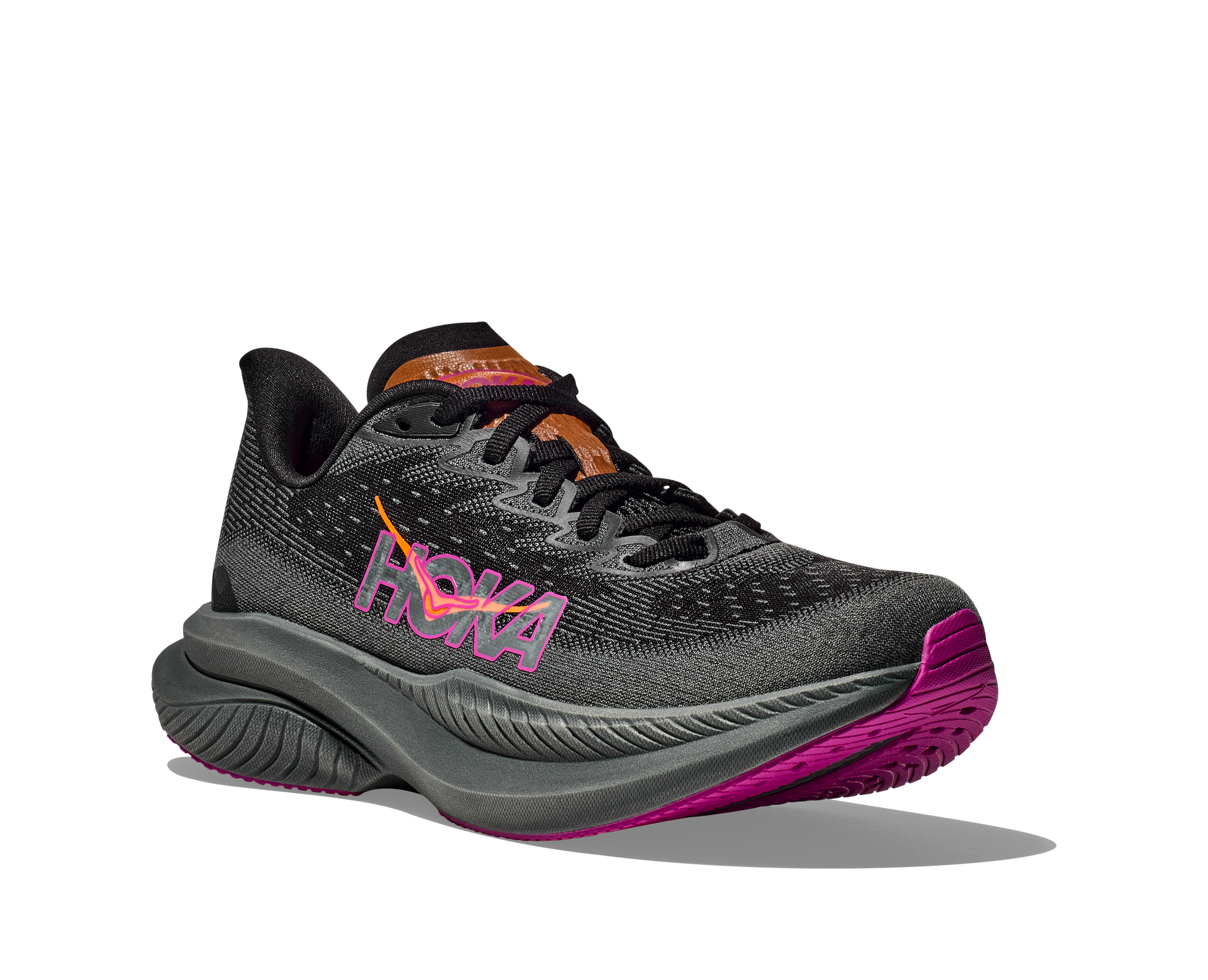 Hoka Women's Mach 6 black and fuschia front side angle view