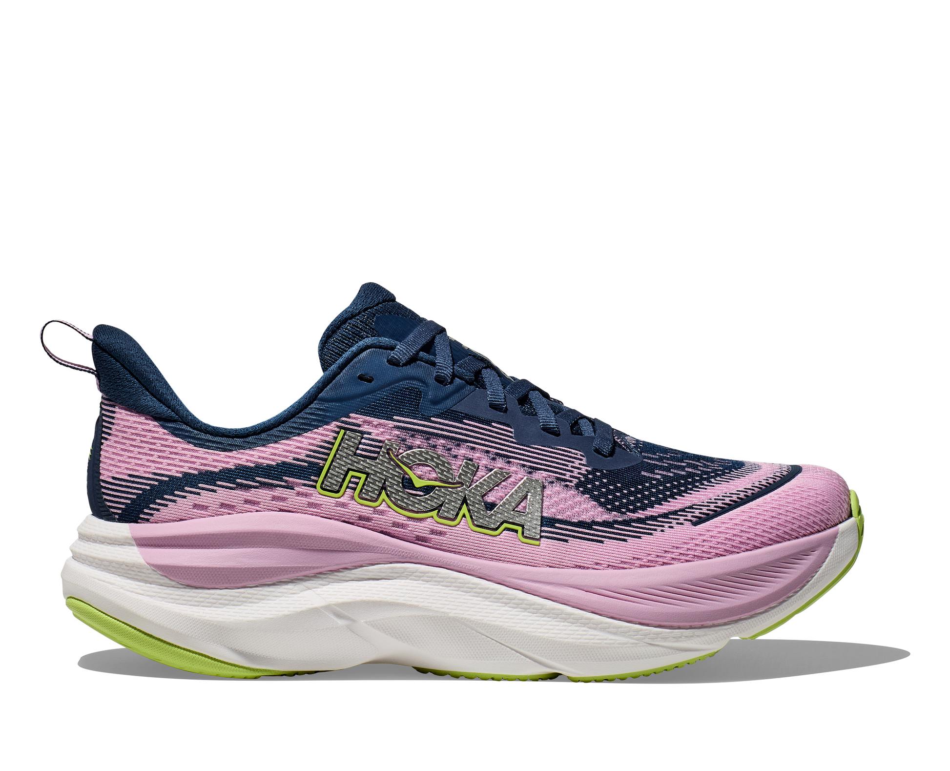 Hoka Women's Skyflow running shoe pink and blue side view