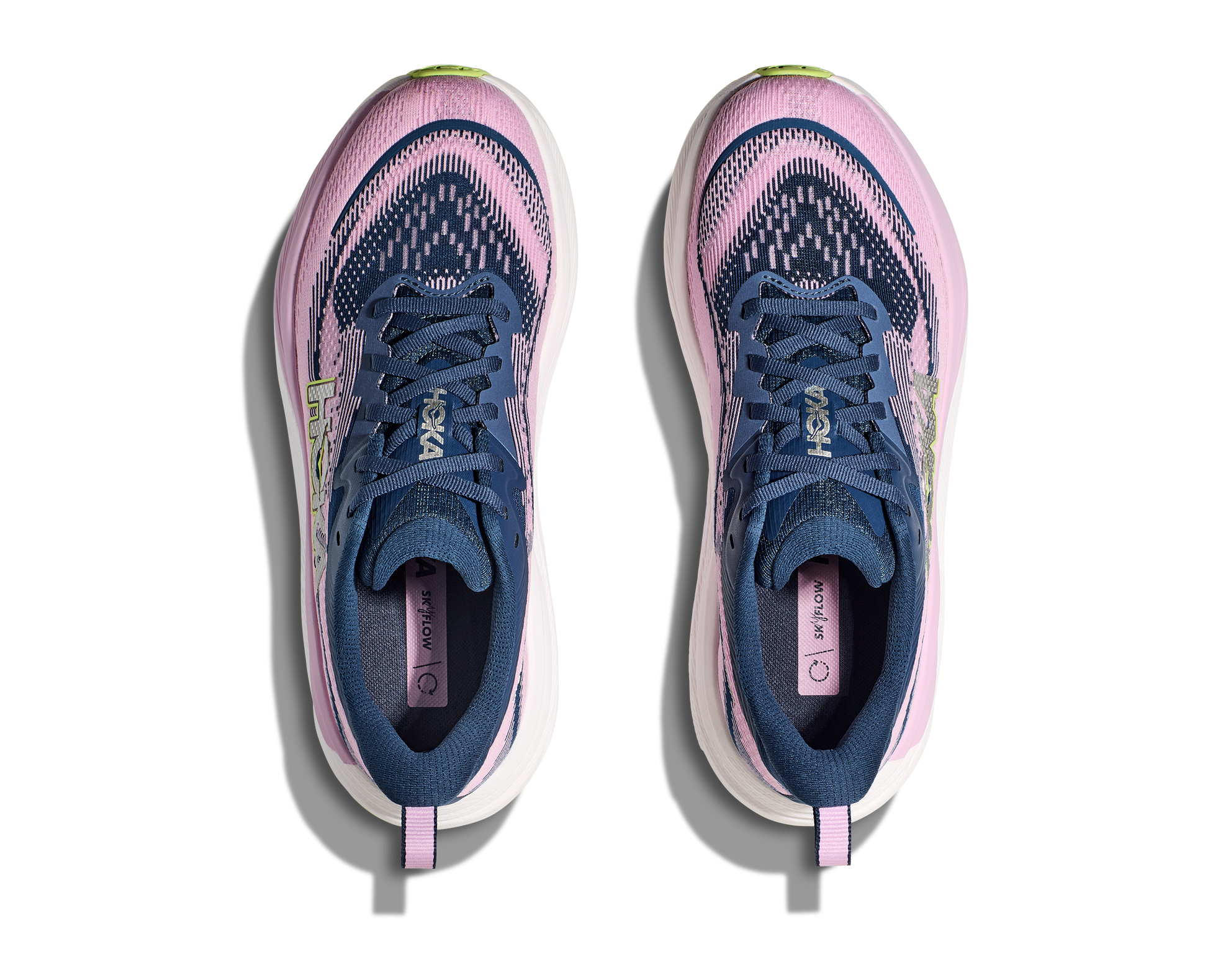 Hoka Women's Skyflow running shoe pink and blue top view pair