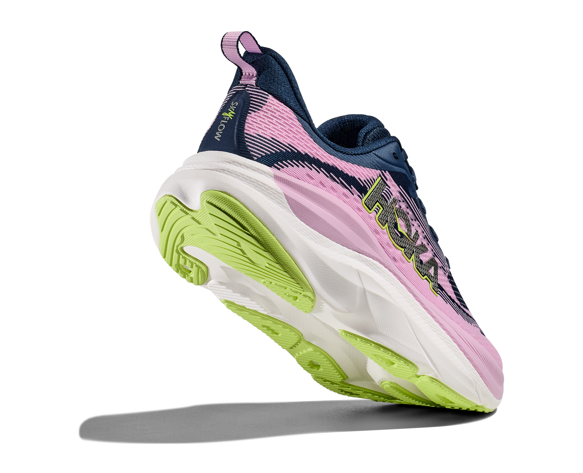 Hoka Women's Skyflow running shoe pink and blue rear view heel raised