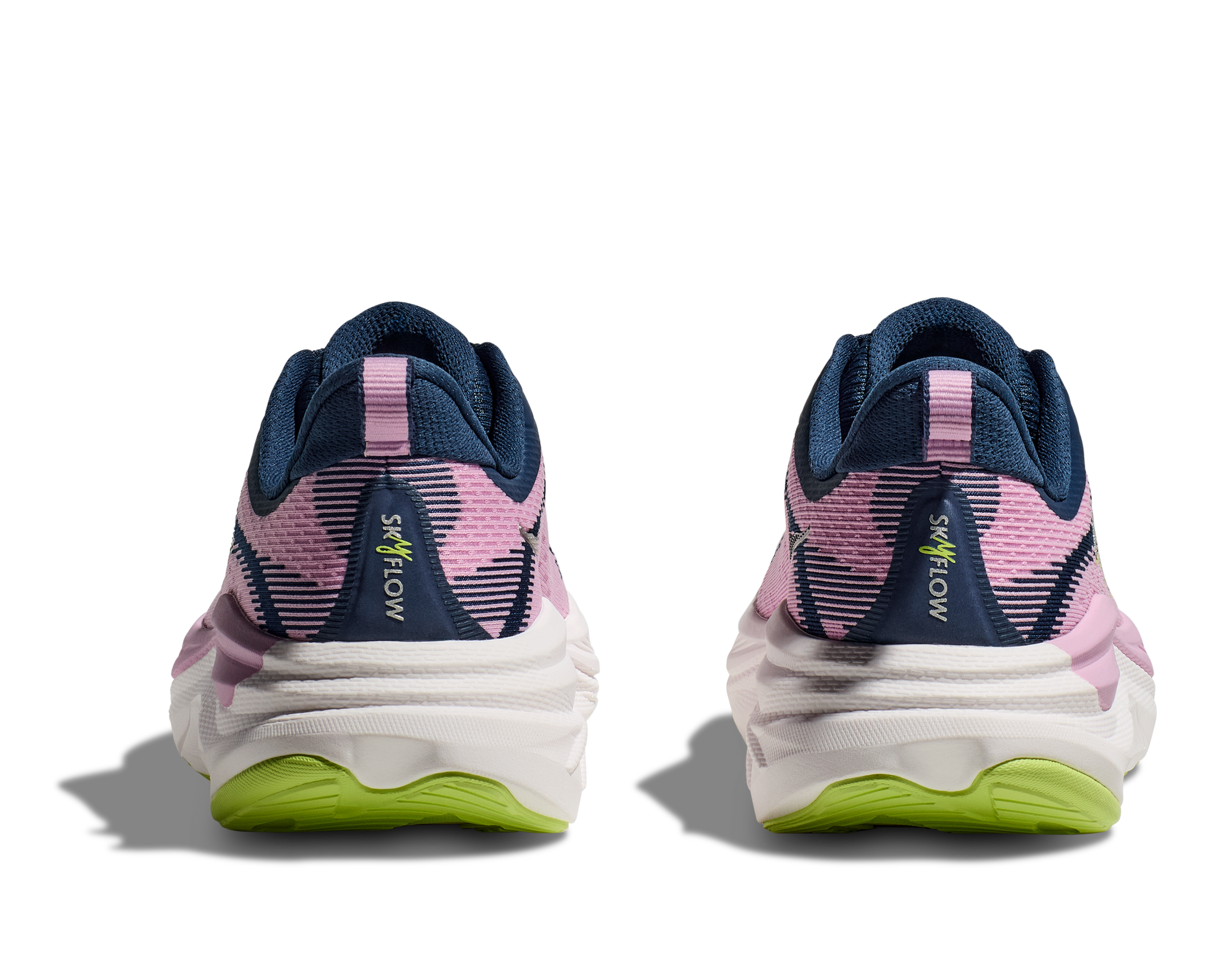 Hoka Women's Skyflow running shoe pink and blue rear view pair