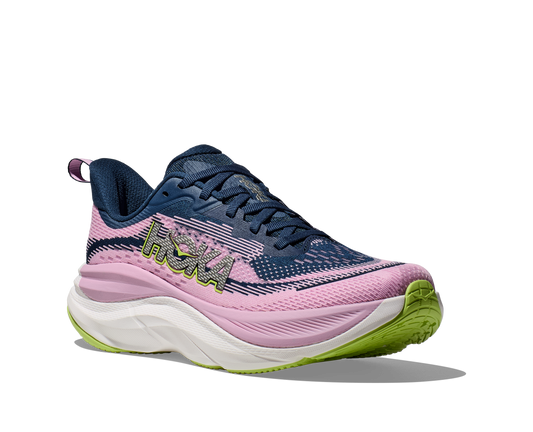 Hoka Women's Skyflow running shoe pink and blue front angle side view
