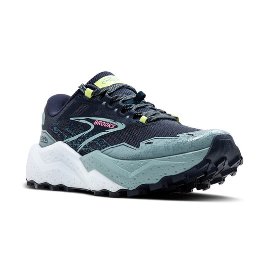 A pair of Brooks women's Caldera 7 trail running shoes in gray and blue colors with a rugged sole design for trail traction.