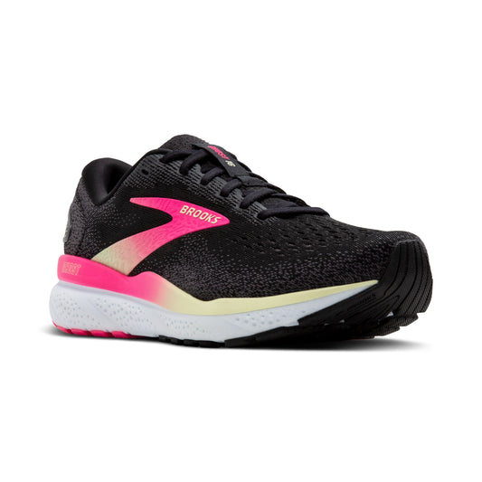A pair of Brooks women's running shoes with black, pink, and white colors. The shoes have a mesh upper material and feature the Brooks logo.