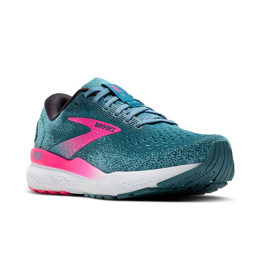 A pair of Brooks women's running shoes with a green upper and pink accents, featuring a white sole.
