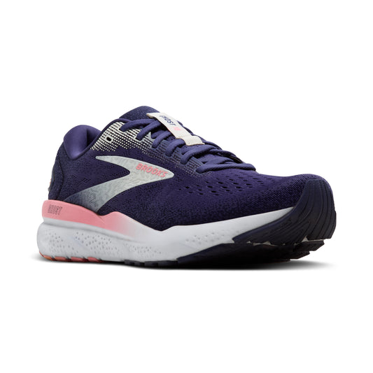 A pair of navy and pink Brooks women's running shoes with a white lace and pink accents on a white background.
