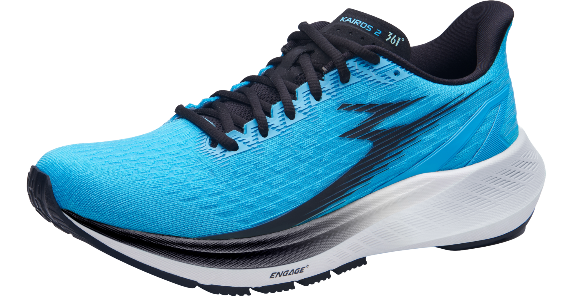 A blue and black 361° men's running shoe with a white sole.