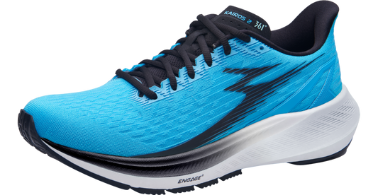 A blue and black 361° men's running shoe with a white sole.