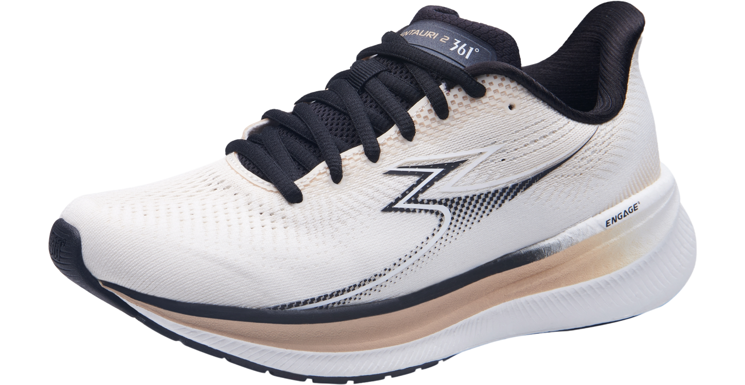 A pair of 361° Women's Centauri 2 running shoes with white as the primary color and black detailing.