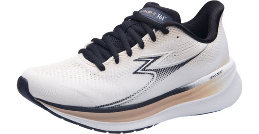 A pair of 361° Women's Centauri 2 running shoes with white as the primary color and black detailing.