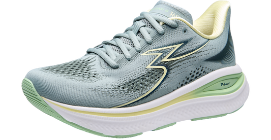 Light blue running shoe with green accents on a white background