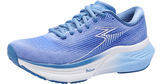 A pair of blue 361 women's running shoes designed for stability and support, featuring a mesh upper and a thick cushioned sole.
