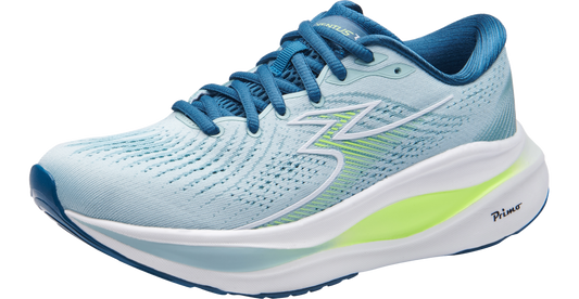 A pair of blue and green 361° women's running shoes with a white midsole and green accents.