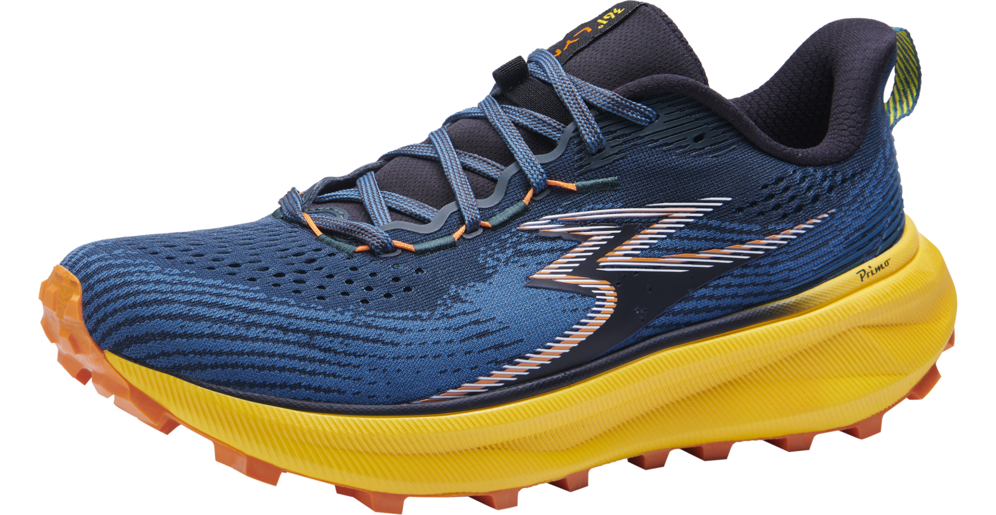 A pair of men's trail running shoes with blue uppers and yellow and gray bottoms.
