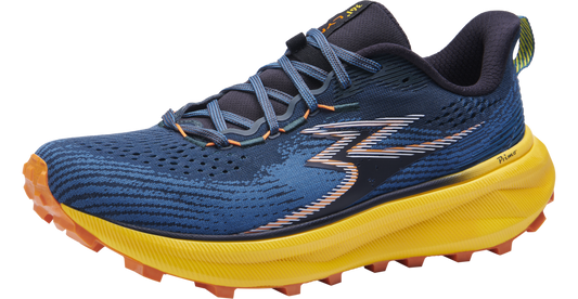 A pair of men's trail running shoes with blue uppers and yellow and gray bottoms.