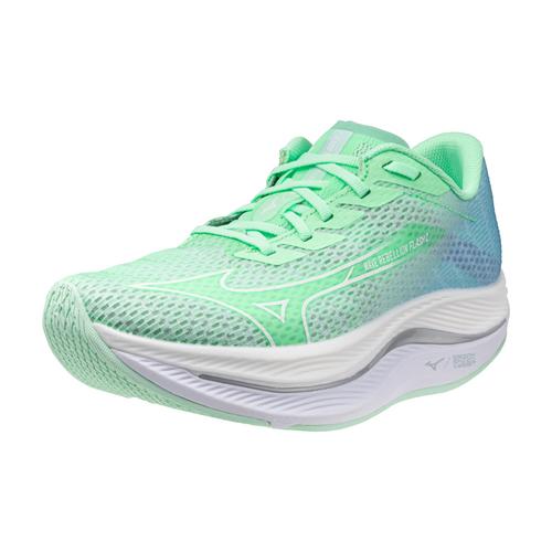 A pair of Mizuno women's running shoes with green upper mesh and white sole.