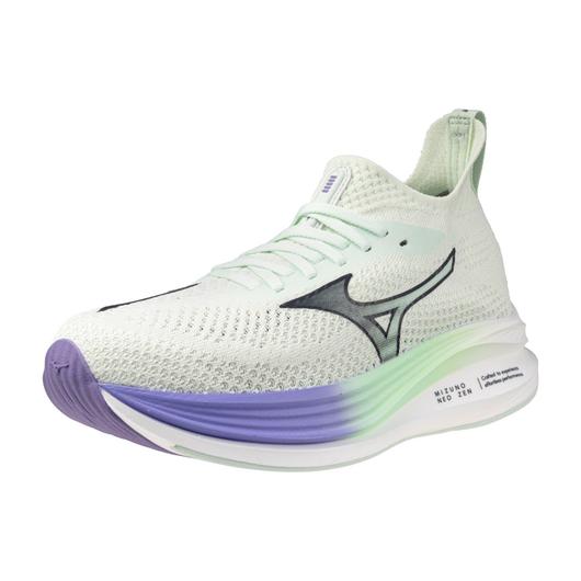 A pair of Mizuno women's running shoes with white uppers and purple accents.