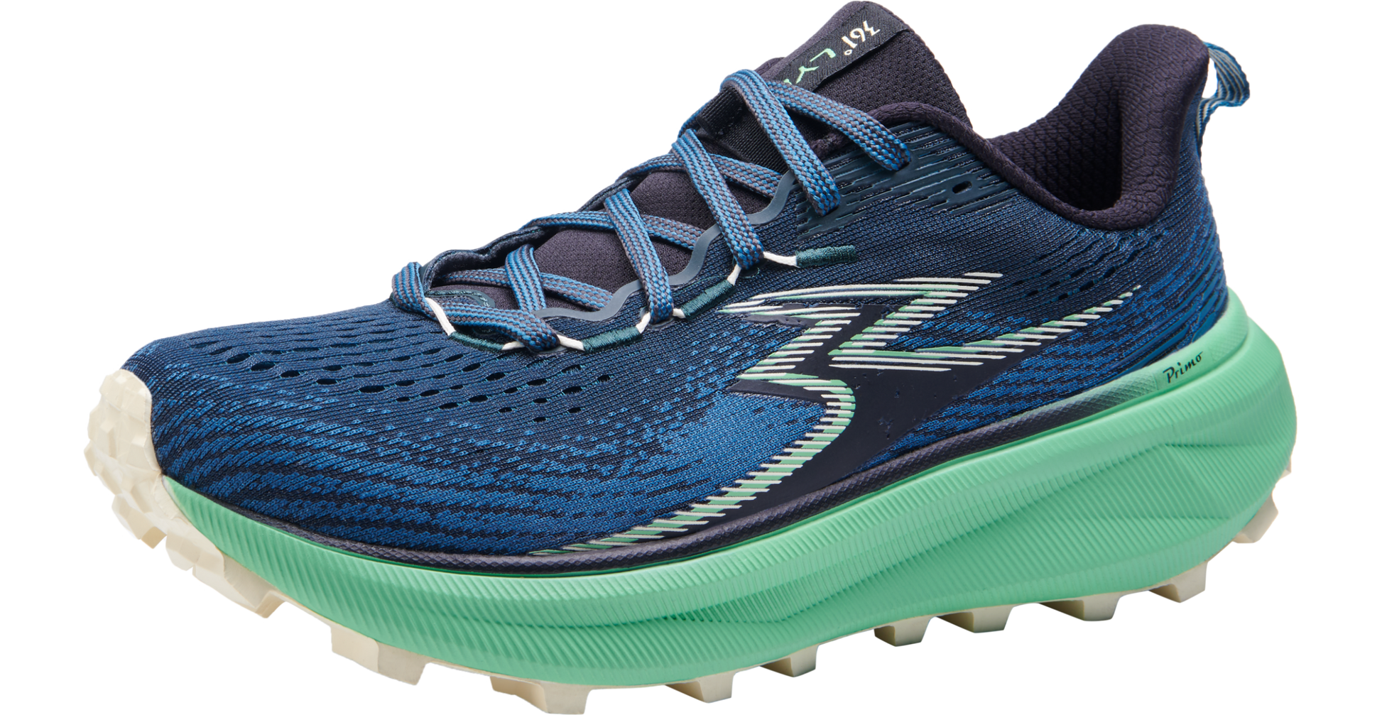 A women's trail running shoe with a blue upper and green sole, designed for cushioning and grip on terrain.