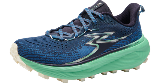A women's trail running shoe with a blue upper and green sole, designed for cushioning and grip on terrain.