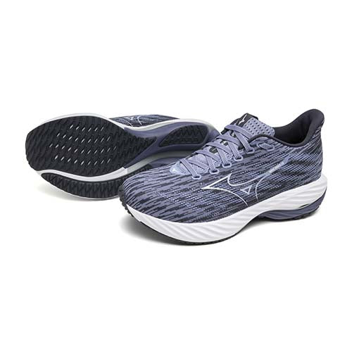 Mizuno Women's Wave Rider 28 Purple Impression/White/India, two shoes one outsole side view