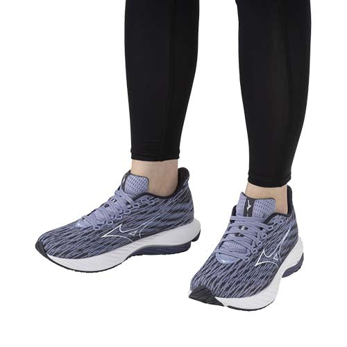 Mizuno Women's Wave Rider 28 Purple Impression/White/India, tow shoes on feet