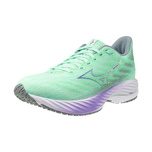 A pair of Mizuno women's running shoes with green uppers and purple and gray accents.