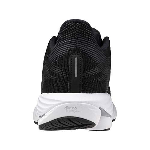 Mizuno Wave Rider 28 Wide running shoe women's black and white rear view