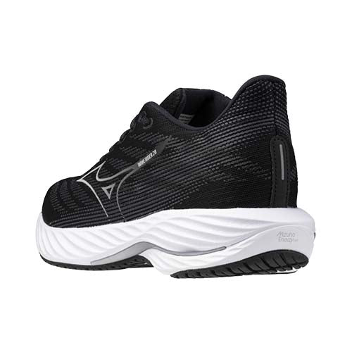 Mizuno Wave Rider 28 Wide running shoe women's black and white rear angled