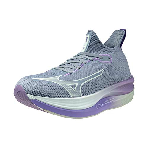 Mizuno women's running shoe with gray uppers and purple accents, featuring a lace-up closure and a white logo.