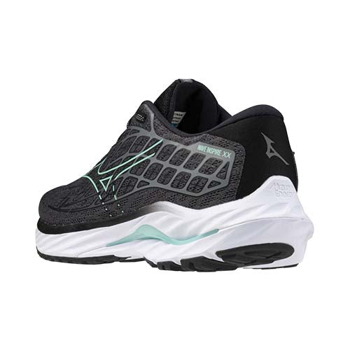 Mizuno Wave Inspire 20 Wide running shoe women's black, white, blue rear angled
