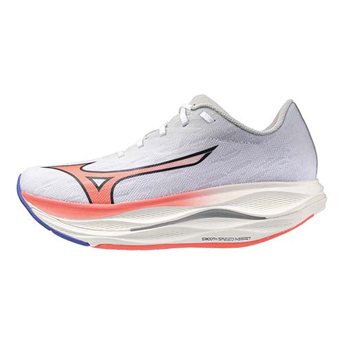 White running shoe with colorful sole on a white background